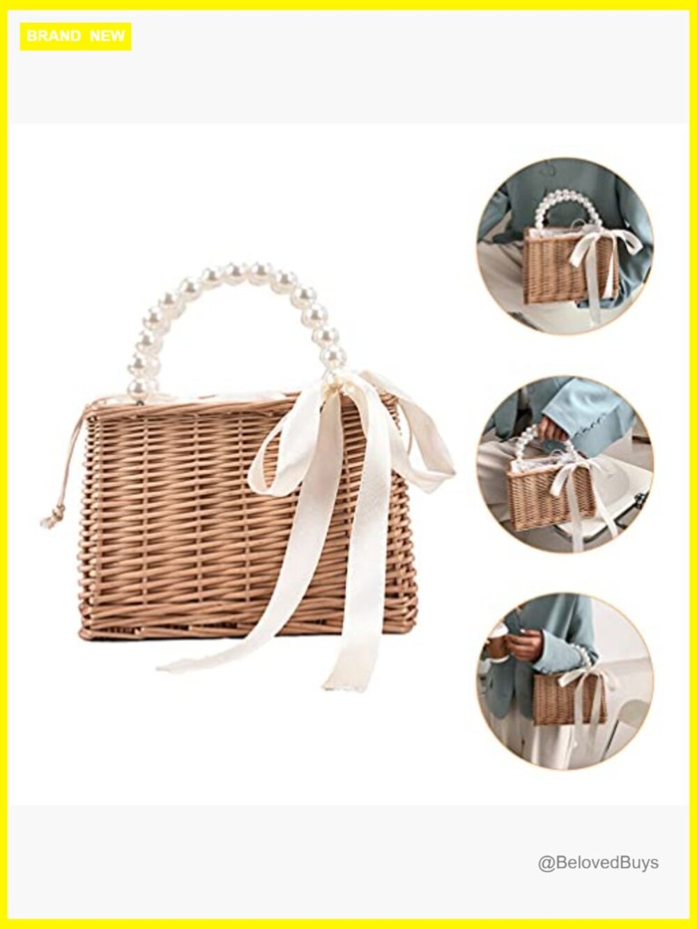 Pearl Straw Handbag with Drawstring Closure Small Tote for Women Summer Beach - Picture 4 of 7